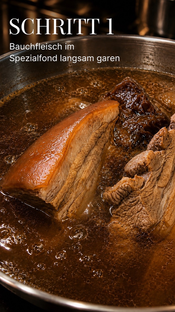 Pad Krapao Moo Krob – Schritt 1: Schweinebauch langsam im Spezialfond garen