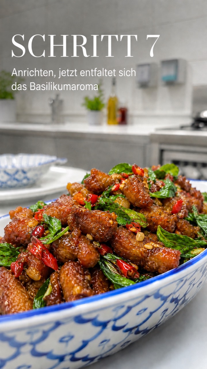 Pad Krapao Moo Krob – Schritt 7: frisch aus dem Wok anrichten