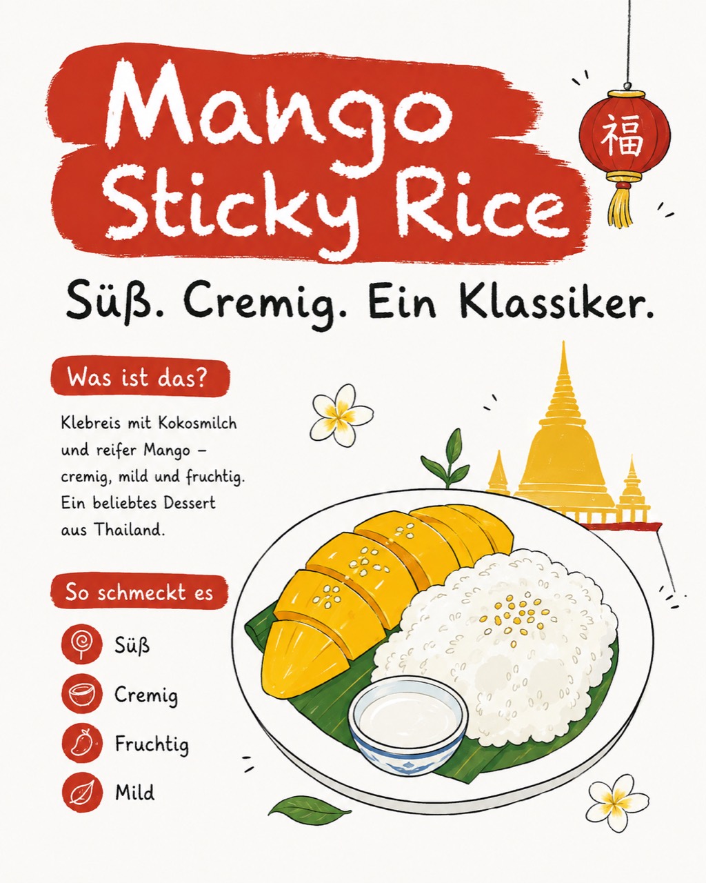 Mango Sticky Rice – thailändischer Dessertklassiker illustriert von Pronee_illustration