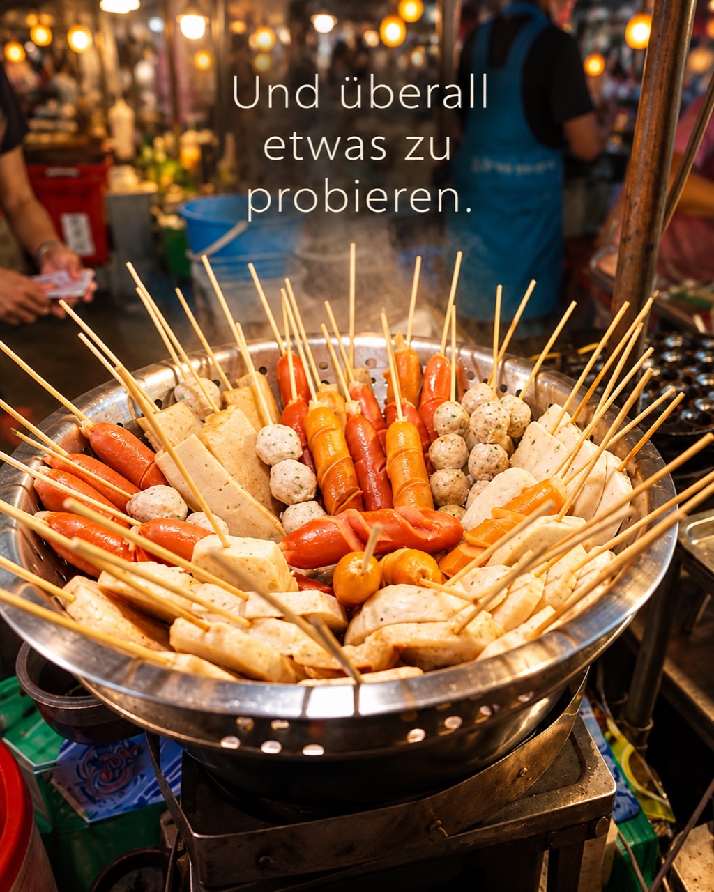 Dampfende Streetfood-Spieße an einem thailändischen Marktstand